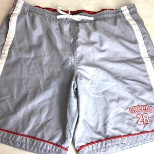 Speedo Swim Trunks hybrid gray, red white, retro,  pockets, elastic drawstring L